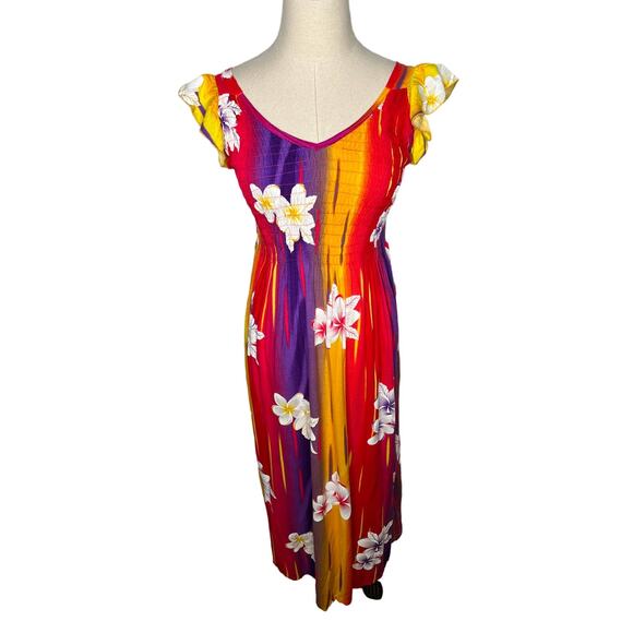 VINTAGE 80s HAWAIIAN Rayon Dress S V-Neck Ruffle Sleeves RAINBOW Red purple 2 4 - Picture 3 of 9